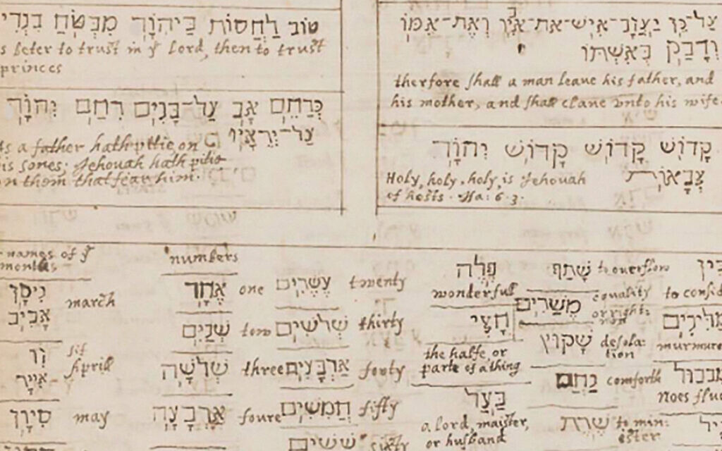 Yellowed manuscript flyleaf in two columns, ruled in pale ink: Hebrew words in a careful seventeenth-century hand paired with English equivalents — biblical verses, names of months (Nisan/March, Iyar/April, Sivan/May), numbers and basic vocabulary.