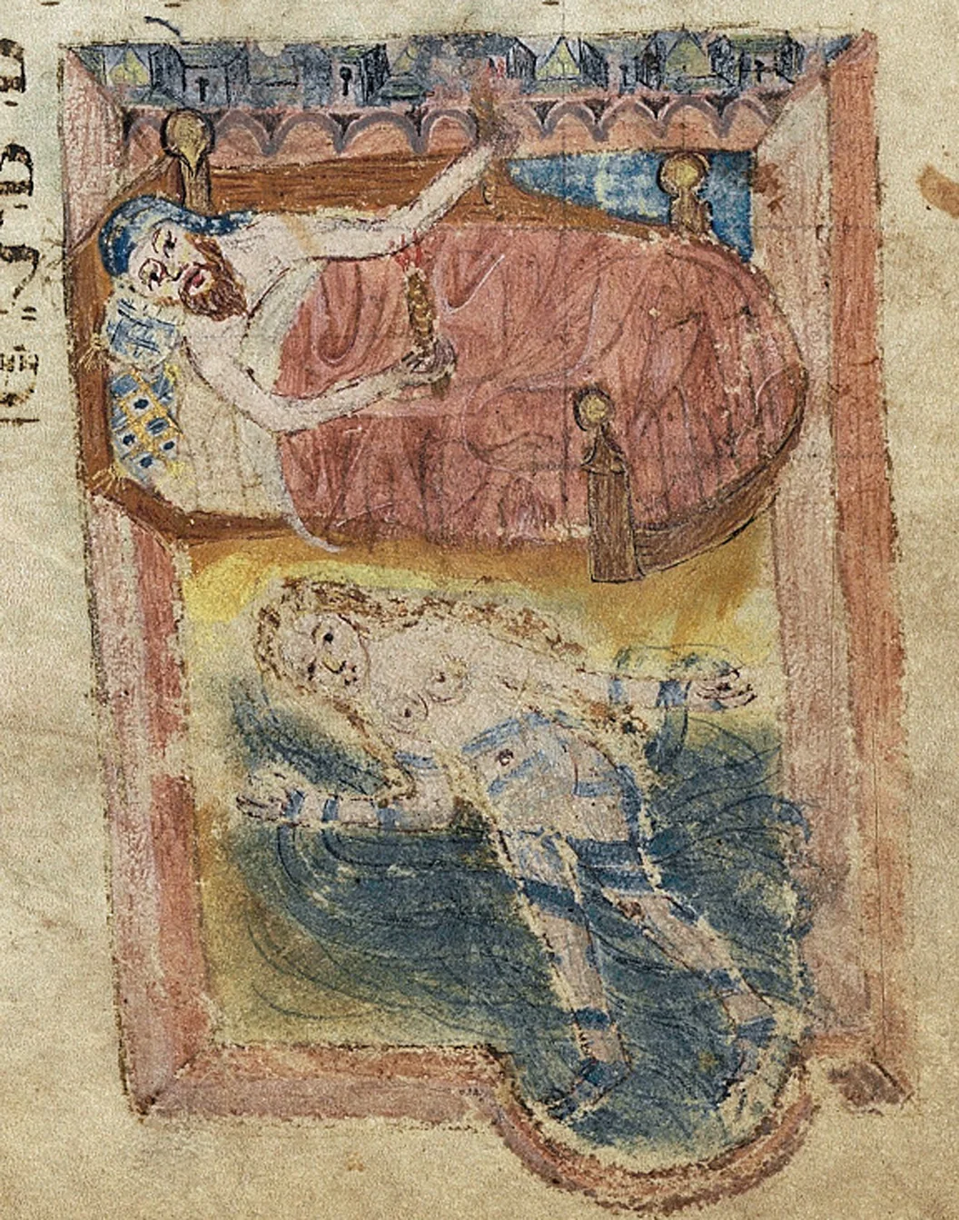 Two-tier illuminated miniature from a fifteenth-century Ashkenazi liturgical miscellany: above, a crowned man with a forked beard reclines in a high canopied bed under a pink coverlet, holding a candle, with a small dark-robed servant at the bedside; below, a long-haired woman with bare breasts is shown half-immersed in a wavy blue-and-cream mikveh, her hands together in prayer; the whole framed in pale rose-and-cream borders.