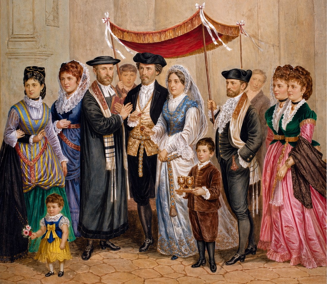 Detailed nineteenth-century watercolor of a Hungarian Jewish wedding: nine figures pose against a stone wall, the bride in a high-waisted blue and white gown with a long lace veil receiving a gold ring from the groom in a black tailcoat and tricorne; a robed rabbi reads from a book at left; the parents and bridesmaids stand to either side in striped silk and brocade Hungarian regional dress; a small page-boy in a brown velvet suit kneels in the foreground holding two silver kiddush cups on a tray, and a fringed crimson velvet ḥuppah is held aloft by two relatives.