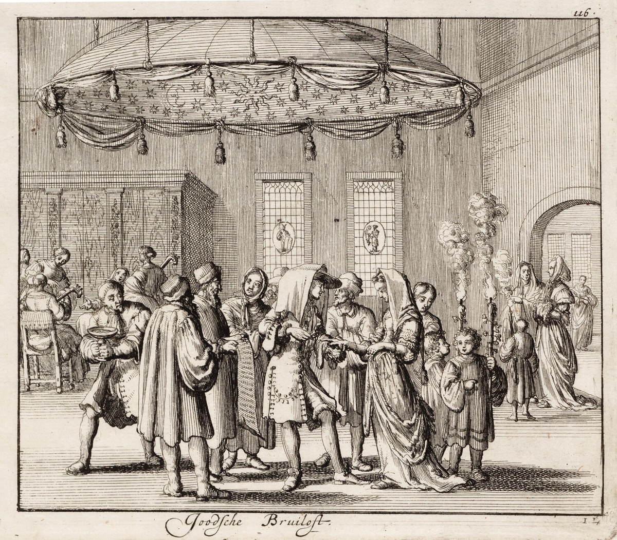 Seventeenth-century etching of an Amsterdam Jewish wedding: a circular tasseled chuppah patterned with stars hangs above the assembled guests; at the center, the bride veiled in a long mantle stands beside the groom, both flanked by parents and witnesses; musicians play a lute and viol at left, a smoke-bearer with two children stands at right by a doorway, and the legend &ldquo;Joodsche Bruiloft&rdquo; (Jewish Wedding) is engraved at bottom.