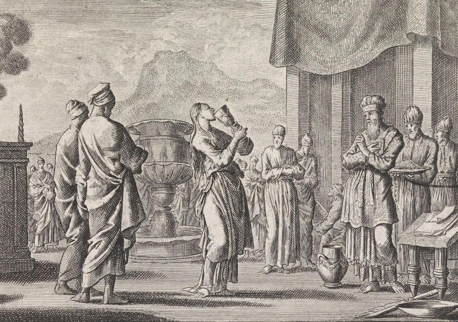 Seventeenth-century etching of the Sotah ordeal: a woman drinks from a small vessel before a bronze laver, watched by priests holding her grain offering, with the Temple and altar smoke visible behind.