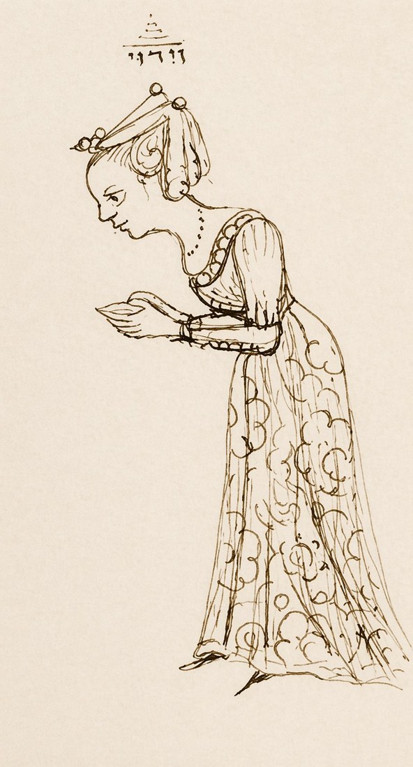 Delicate ink line drawing of a woman in profile, bowed in prayer over a small open prayer-book held in both hands; she wears a long flowing gown with floral scrollwork and a pearl-tasselled headdress, with the inscription והוי above.