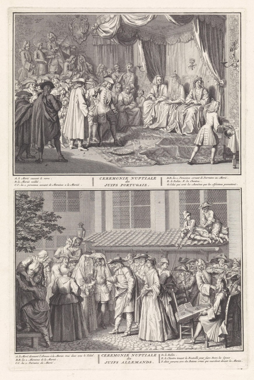 Two stacked eighteenth-century engravings on one plate: the upper, &lsquo;CEREMONIE NUPTIALE des JUIFS PORTUGAIS,&rsquo; depicts a Sephardic wedding indoors beneath a swagged canopy with attending women, musicians and ring-bearer; the lower, &lsquo;CEREMONIE NUPTIALE des JUIFS ALLEMANDS,&rsquo; shows an Ashkenazi wedding in a courtyard with the bride veiled in a long head-cloth, the groom breaking the glass, and a violin-and-drum band at right; both panels labeled in alphabetic legend keys.