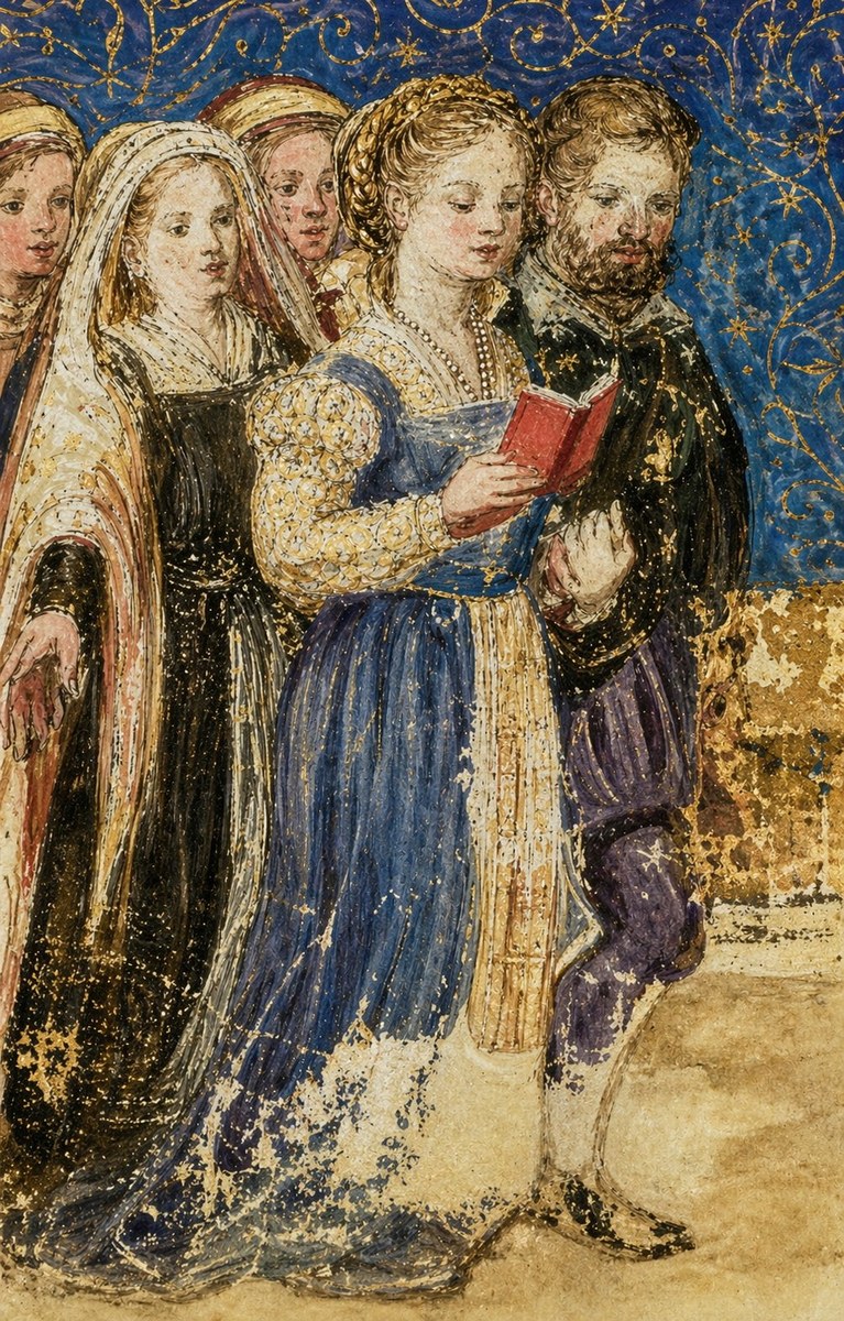 Detail of an Italian Renaissance illuminated manuscript miniature, against a deep ultramarine ground patterned with gold scrolling vines and stars: a young woman with golden braided hair, wearing a blue gown with gold-brocade pearled sleeves and a string of pearls, holds open a small red book and reads aloud to a black-robed bearded man who leans toward her; behind them, two veiled women in white headdresses and a third woman in a black robe, with a fourth red-capped figure further back, all turned toward the reading.